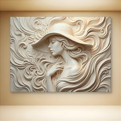 Quadro Decorativo Mulher com Chapéu e Flores em Relevo Esculpido Bege 6449