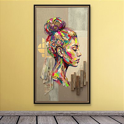Quadro Decorativo Mulher Perfil Textura Colorida Abstrata e Elementos 3D 6446