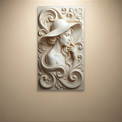 Quadro Decorativo Relevo Escultura Mulher com Chapeu e Flores em Mármore 6444