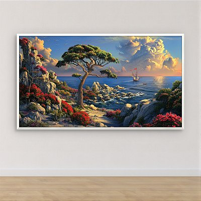 Quadro Decorativo Paisagem CostEira Mar Navio e Arvore Exotica 6386