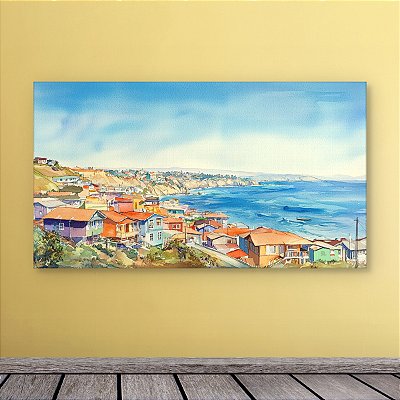 Quadro Decorativo Paisagem Litoral Casas Coloridas e Mar em Aquarela 6388