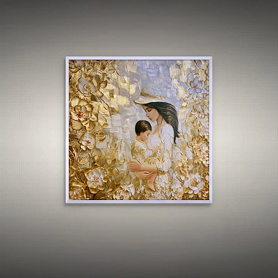 Quadro Decorativo Mulheres Mãe e Filho em Relevo Dourado com Flores 6420