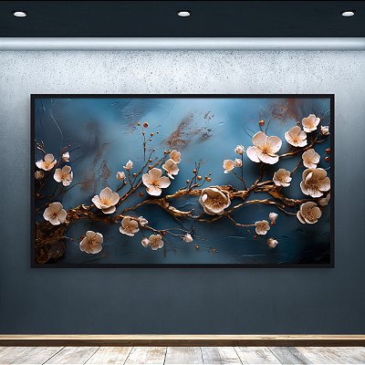 Quadro Decorativo Florais Flores Brancas e Galhos Dourados em Fundo Azul 6424