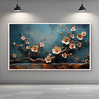Quadro Decorativo Galho de Flor Branca e Dourada Fundo Azul Petróleo 6429