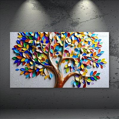 Quadro Decorativo Árvore Abstrata Colorida com Folhas em Relevo Dourado 6435