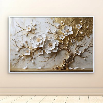 Quadro Decorativo Árvore de Flores Brancas com Detalhes em Ouro 3D 6441