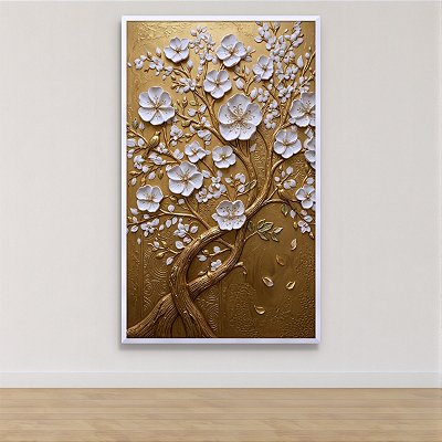 Quadro Decorativo Árvore Dourada com Flores Brancas em Alto Relevo 6440