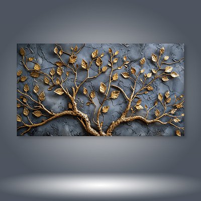 Quadro Decorativo Árvore Dourada com Folhas em Relevo Textura Cinza 6427
