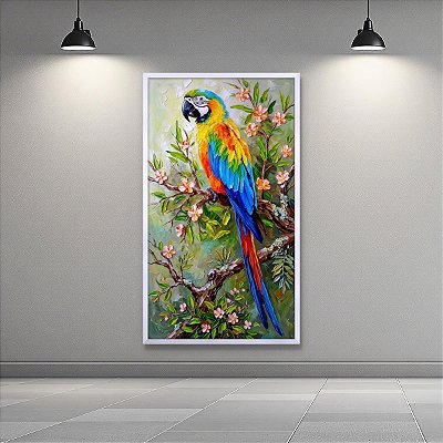 Quadro Decorativo Arara Colorida em Galho com Flores Textura de Oleo 6480