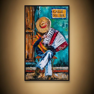 Quadro Decorativo Músico Tocando Acordeon e Rua Colorida 6458