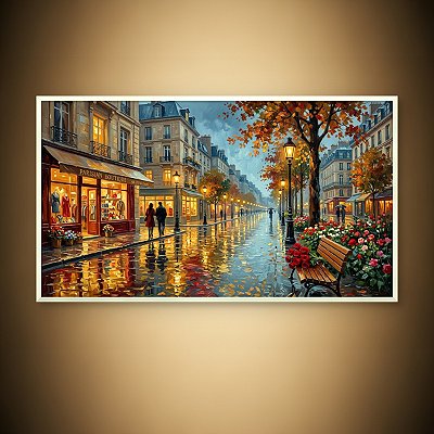 Quadro Decorativo Paisagem Urbana Paris Rua Chuvosa com Boutique 6489