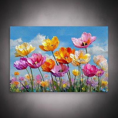 Quadro Decorativo Campo Florido com Tulipas Coloridas e Céu Azul 6484