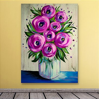 Quadro Decorativo Florais Buquê de Rosas Roxas em Vaso de Vidro 6459