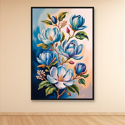 Quadro Decorativo Florais Flores Azuis Magnólias em Fundo Abstrato 6500