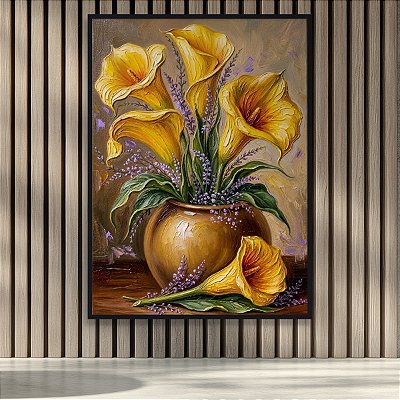 Quadro Decorativo Florais Jarro com Flores Amarelas e Lavanda em Relevo 6518