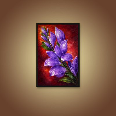Quadro Decorativo Flores Roxas Abstratas em Fundo Vermelho e Laranja 6521