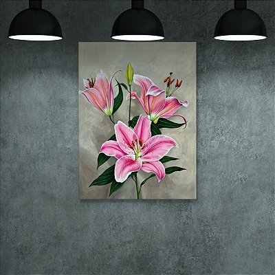 Quadro Decorativo Lírios Cor de Rosa com Folhagens Verdes e Fundo Neutro 6490