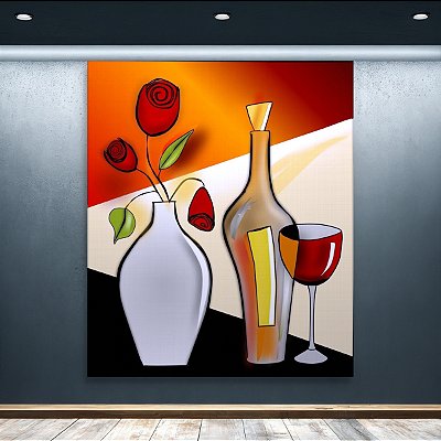 Quadro Decorativo Natureza Morta com Garrafa Vinho Taça e Flores 6498