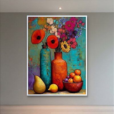 Quadro Decorativo Natureza Morta com Vasos Coloridos, Flores e Frutas 6510