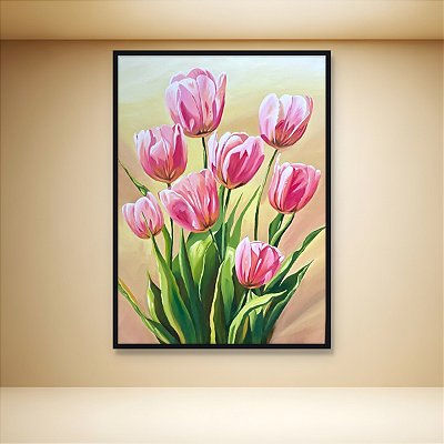 Quadro Decorativo Tulipas Rosa Bouquet e Folhagens Fundo Dourado 6454