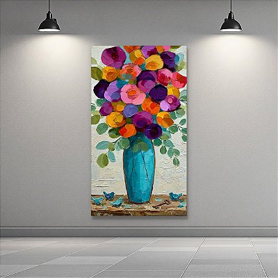 Quadro Decorativo Vaso Azul com Flores Coloridas e Passarinhos 6457