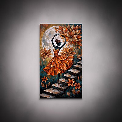 Quadro Decorativo Bailarina em Mosaico Laranja Escada e Flores 6501