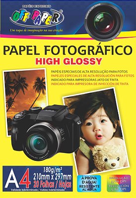 Papel Fotográfico High Glossy A4 - Jato de Tinta,  pacote 20fls., 180g/m2,  pacote 20fls.