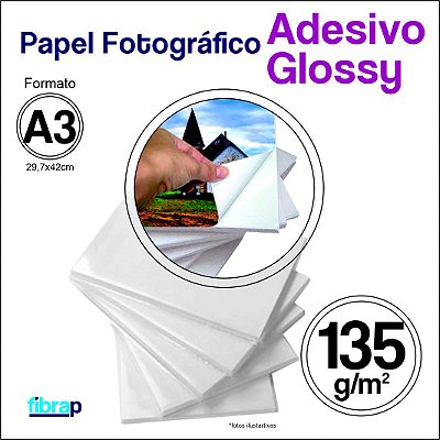Adesivo Fotográfico Glossy A3 - Jato de Tinta, 135g/m2,  pacote 20fls.