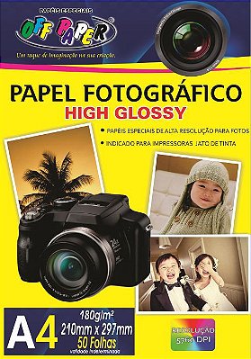 Papel Fotográfico High Glossy A4 - Jato de Tinta,  pacote 50fls., 180g/m2,  pacote 50fls.