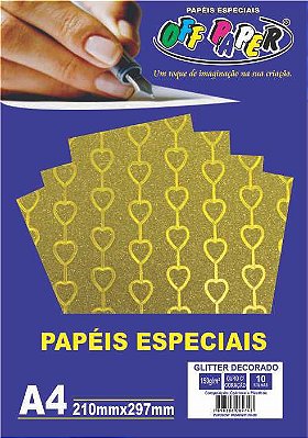 Papel Glitter Coração Ouro, 150g/m2,  pacote 5fls.