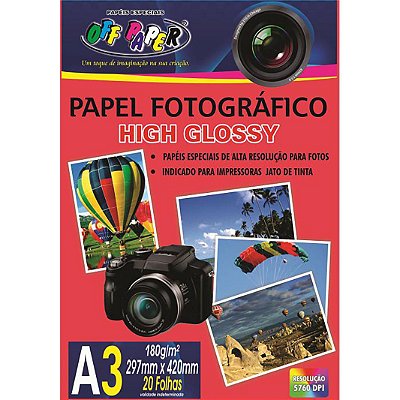Papel Fotográfico High Glossy A3 - Jato de Tinta, 180g/m2,  pacote 20fls.