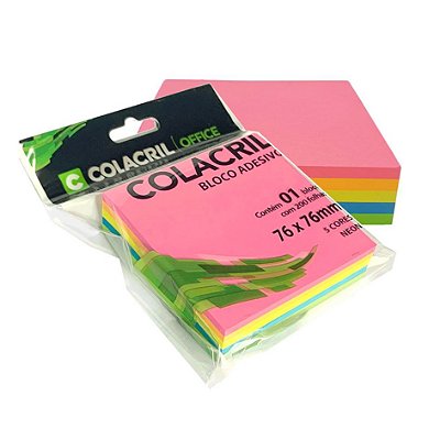 Colacril Bloco Adesivo Reposicionável 5 Cores Sortidas Neon 76x76mm 1 Bloco Com 200 fls