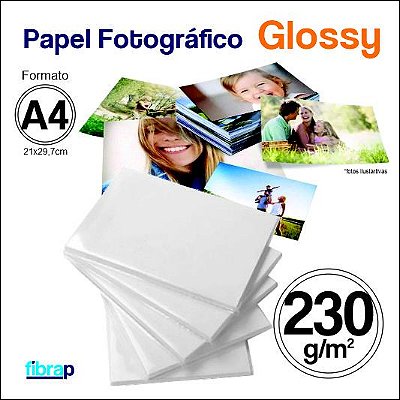 Papel Fotográfico Glossy A4 - Jato de Tinta, 230g/m2,  pacote 20fls.