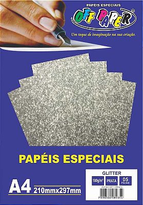 Papel Glitter Prata, 180g/m2,  pacote 5fls.