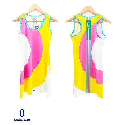 vestido  de TENNIS | nadador |RODADO| .  estampa GEOMÉTRICO_AUREA_ AMARELO COM VERMELHO . ÖTA TENNIS CLUB