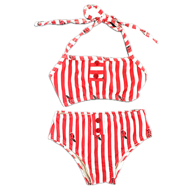 BIQUÍNI RETRÔ  infantil . estampa TIÊ-SANGUE . LISTRADO VERMELHO E BRANCO . OTA .