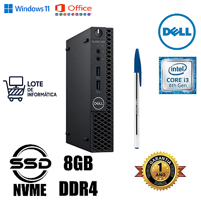 Computador empresarial Dell Mini Intel Core i3 Oitava geração 8GB DDR4 SSD NVME 256GB Wifi Windows 11 PRO super rapido 1 ano de garantia até 12x. Entrega e instalação grátis.