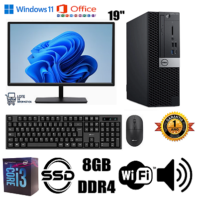Computador Completo Empresarial Dell Optiplex 7070 Intel Core i3 8TH 8GB DDR4 SSD 256GB Wifi e Som Nativo Windows 11 PRO Super Rápido Monitor 19 Widescreen 1 ano de garantia até 12x. Entrega e Instalação Grátis.