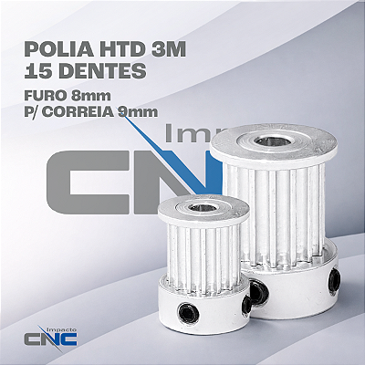 Polia HTD 3M 15 Dentes, Furo 8mm, P/ Correia 9mm