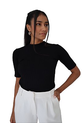 Black Rib High Neck Short Sleeve Crop