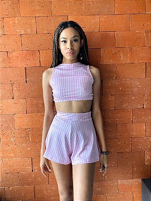Short Godê Em Crepe Estampado Beth Listras Rosa @usemika Feminino