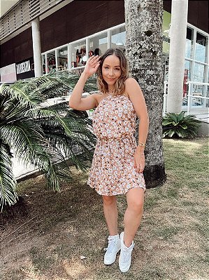 Vestido Curto Com Amarração no Pescoço Viscose Estampada Poli Nude @usemika Feminina