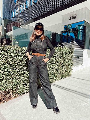 Jardineira Wide Leg Jeans Nina Preta @usemika Feminina