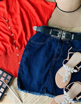 Saia Jeans Escura Kaila Com Elastano @usemika Feminina