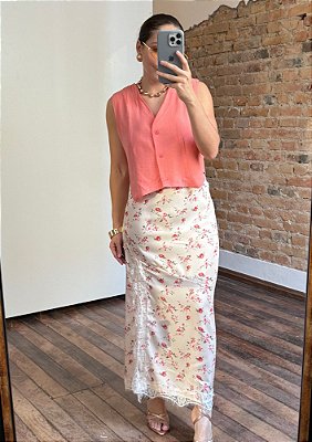 Saia Cetim Midi Detalhe Em Renda Estampado Natiele @usemika Feminino