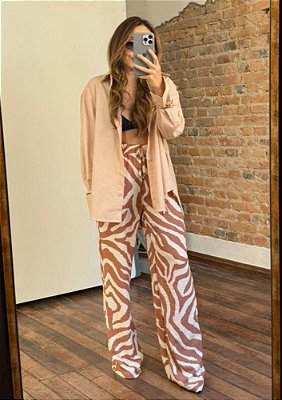 Calça Crepe Texturizado Wide Leg Com Elastico Estampada Sabrina @usemika Feminino