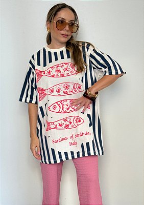 Tshirt Oversized Meia Malha Estampa Listras e Peixe Estela @usemika Feminino