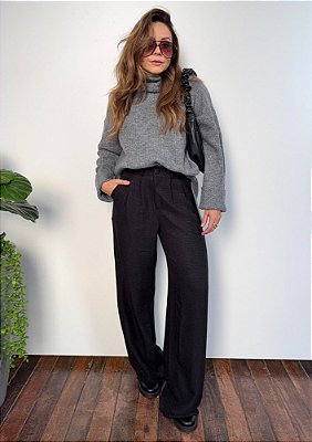 Calça Wide Leg Linho Sintético Botão Forrado Amanda @usemika Feminina