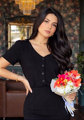 Blusa Malha Premium com Decote V com Botões Cristal @usemika Feminino