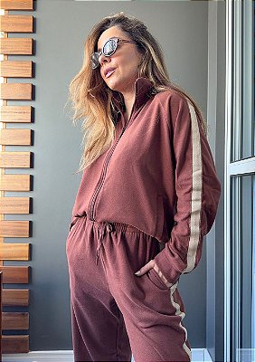 Conjunto Jaqueta e Calça Reta Moletom Premium com Listra Lateral Nicole @usemika Feminino
